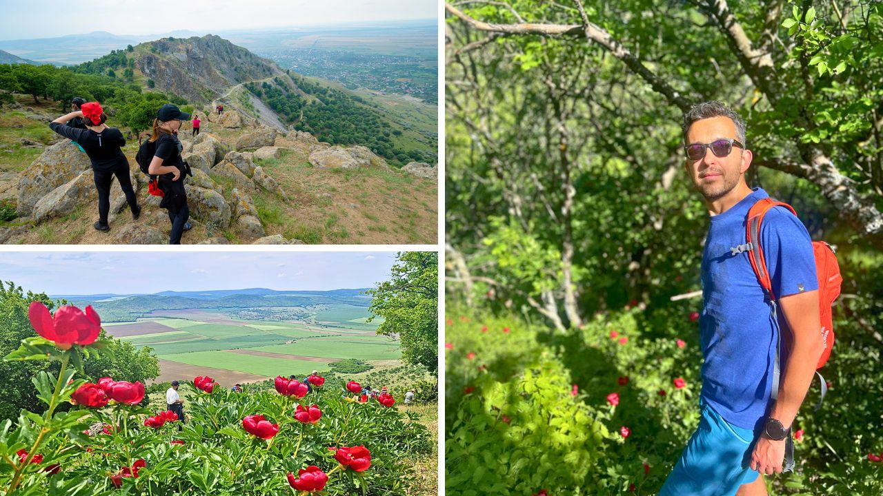 Grup de adulti in drumetie pe Dealul Consul din Muntii Macin, admirand peisajele si stepa dobrogeana