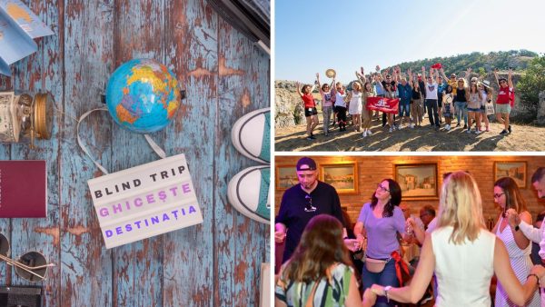 Grup de prieteni la o excursie surpriza Blind Trip by Hai sa socializam, cu bagaje, zambete si atmosfera de aventura, pregatiti pentru un weekend plin de mister, petreceri si socializare