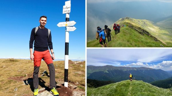 Grup de turiști pe Vârful Găinațul Mare în Munții Iezer Păpușa, cu vedere spre Piatra Craiului și Bucegi