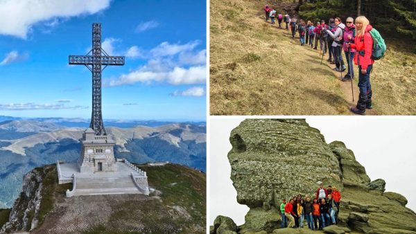 Grup de turisti in drumetie prin Muntii Bucegi, in apropiere de Cascada Obarsia Ialomitei si Pestera Ialomitei